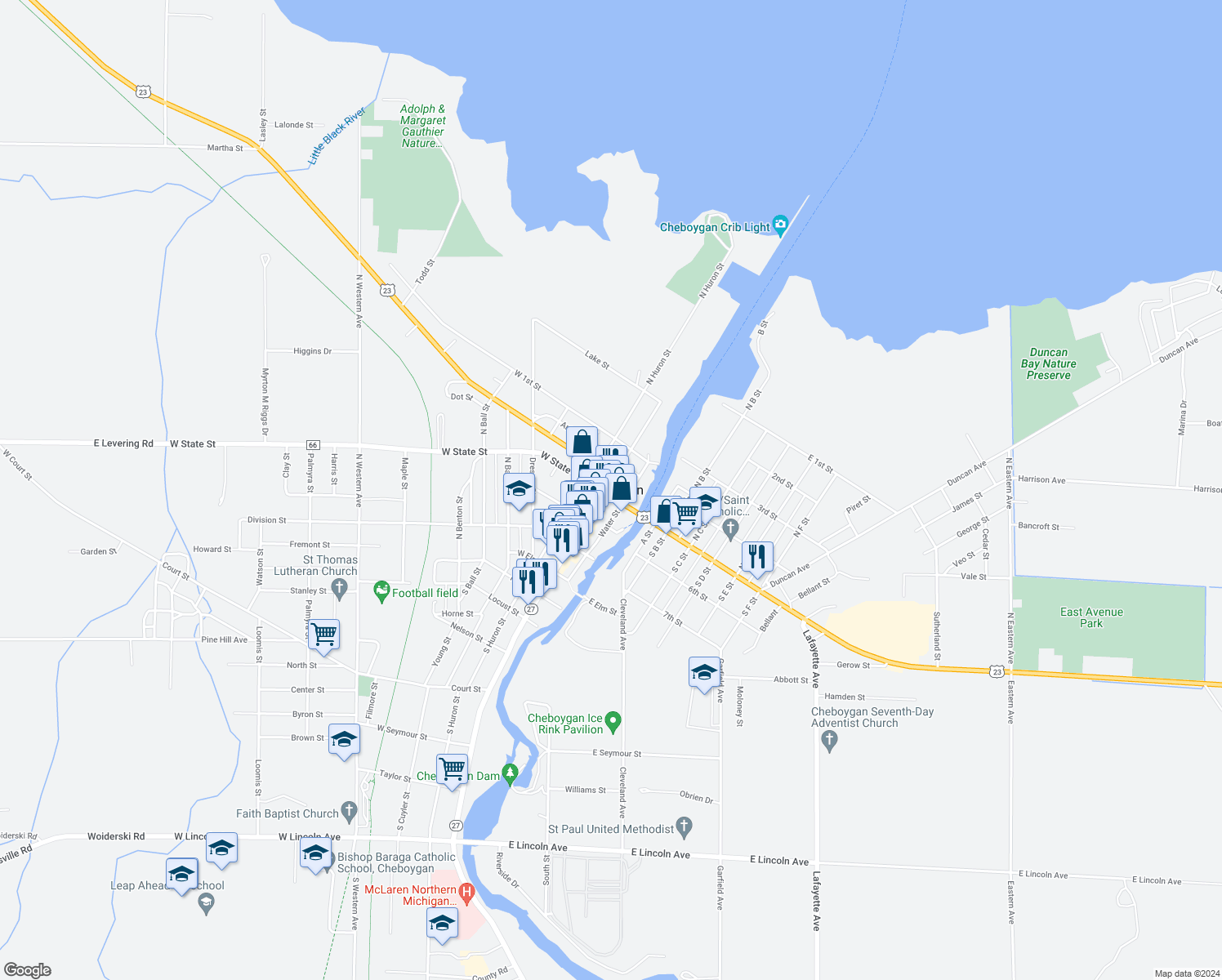 map of restaurants, bars, coffee shops, grocery stores, and more near Old U.S. 27 Highway in Cheboygan