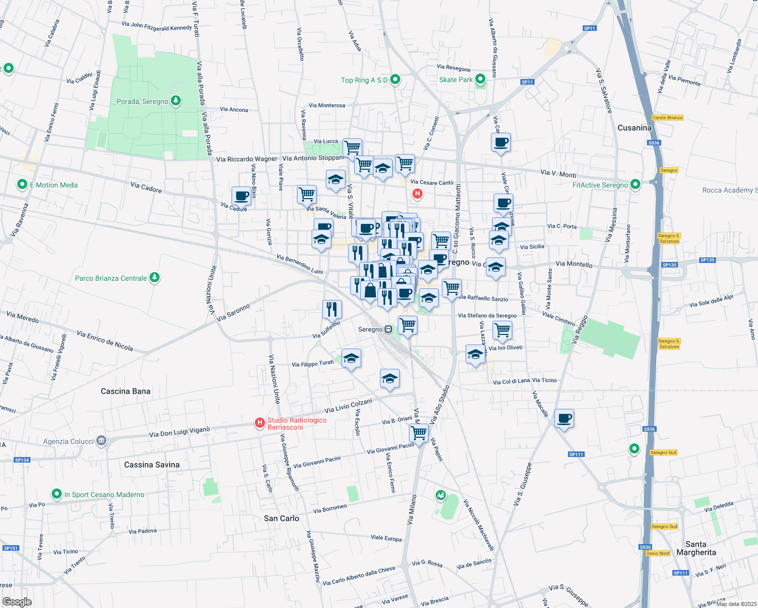 map of restaurants, bars, coffee shops, grocery stores, and more near 39-41 Via Alessandro Manzoni in Seregno