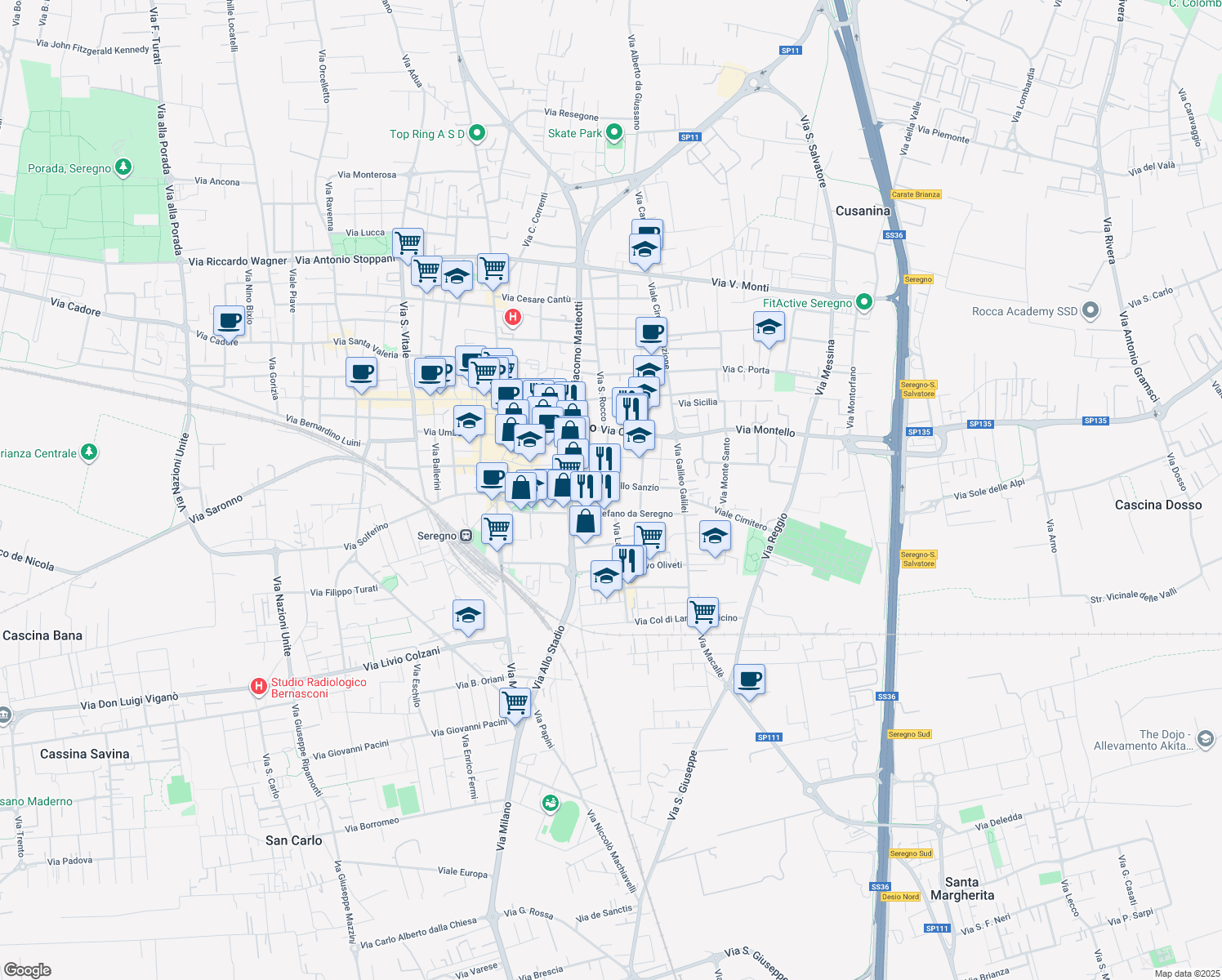 map of restaurants, bars, coffee shops, grocery stores, and more near 29 Via Raffaello Sanzio in Seregno