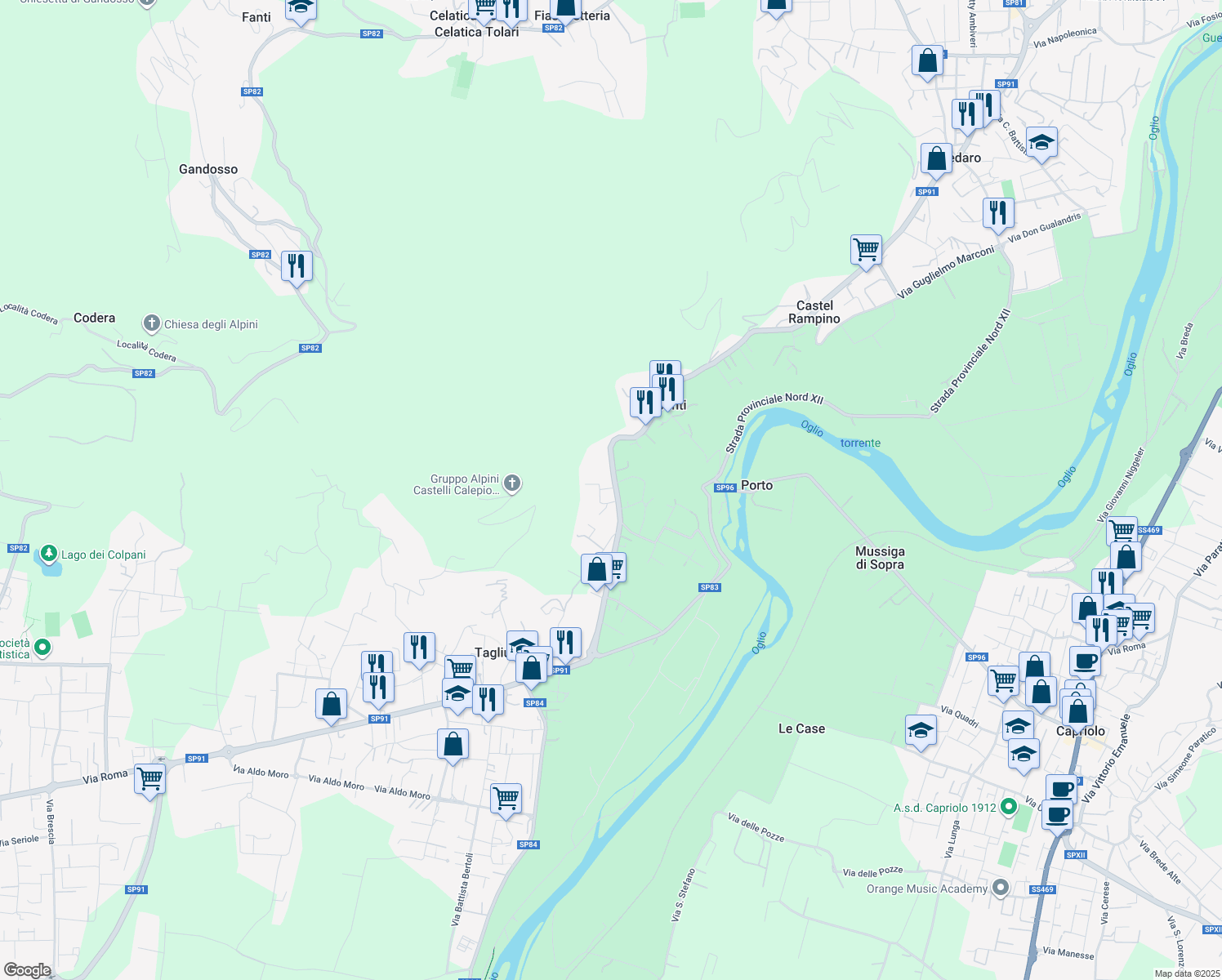 map of restaurants, bars, coffee shops, grocery stores, and more near 19 Via Carletti in Castelli Calepio