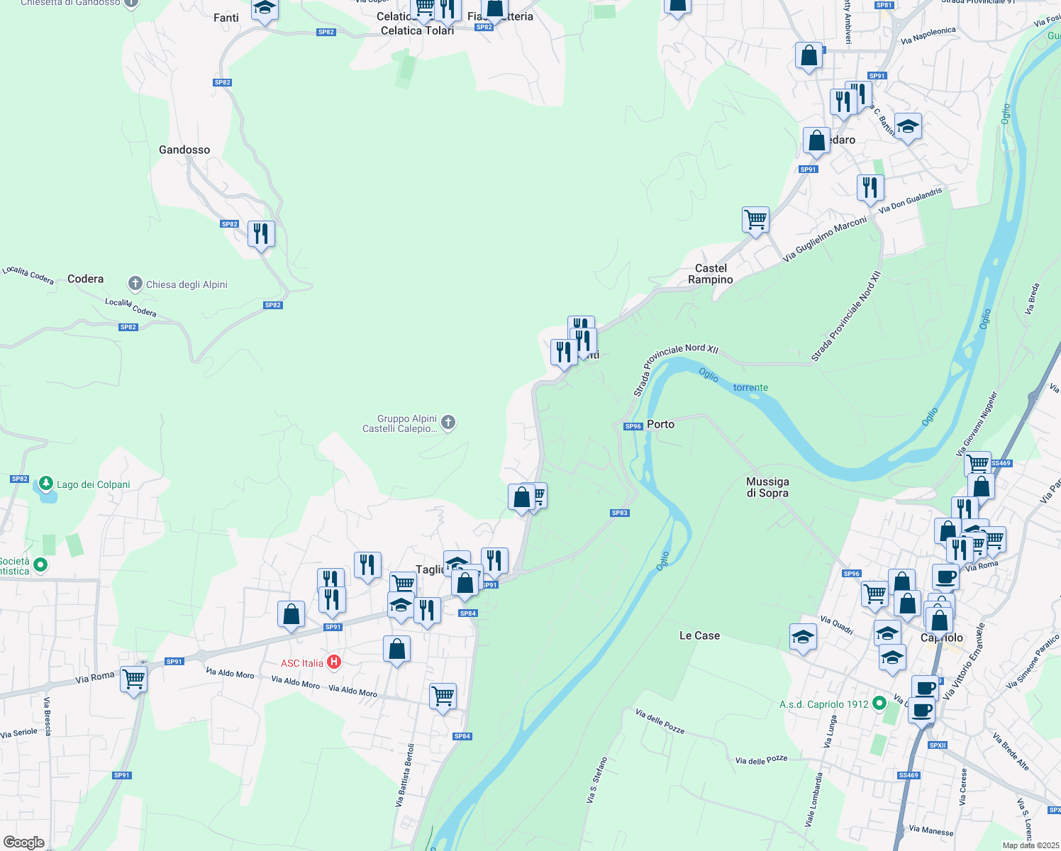 map of restaurants, bars, coffee shops, grocery stores, and more near 19 Via Carletti in Castelli Calepio