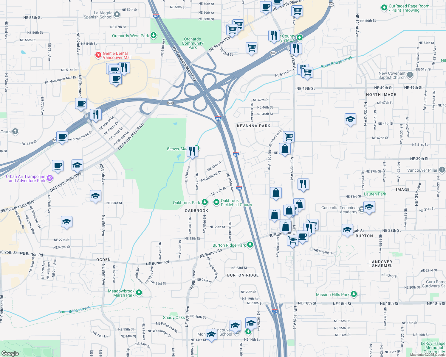 map of restaurants, bars, coffee shops, grocery stores, and more near 10212 Northeast 36th Circle in Vancouver