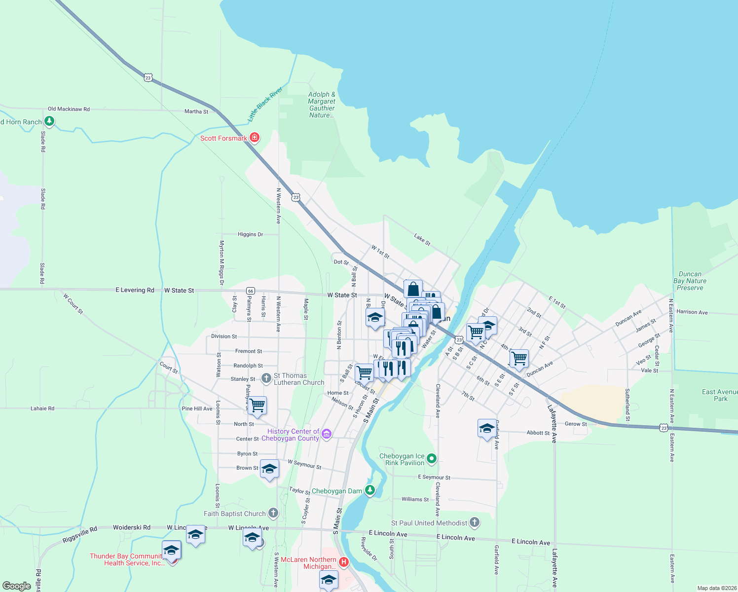 map of restaurants, bars, coffee shops, grocery stores, and more near 499 N Bailey St in Cheboygan