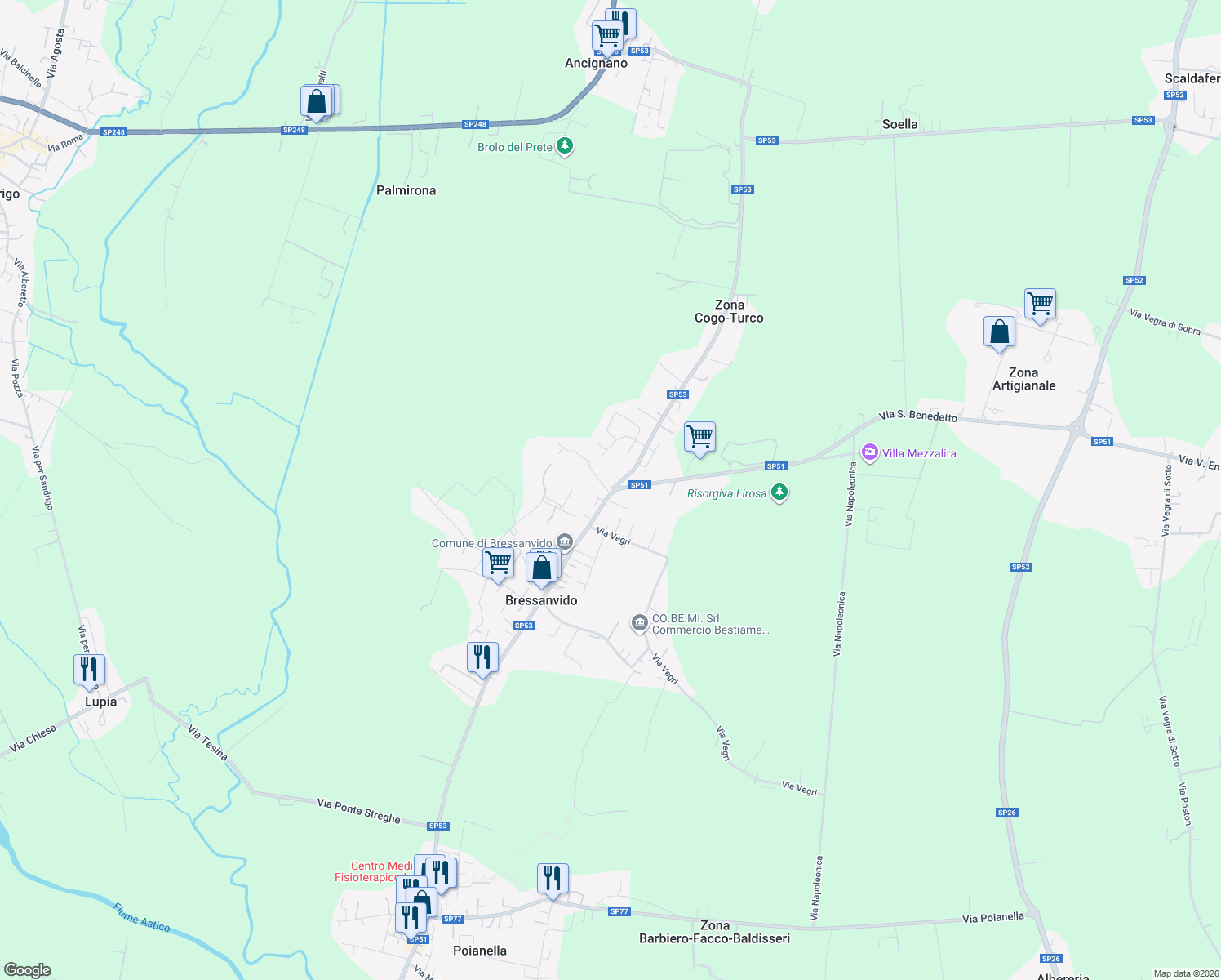 map of restaurants, bars, coffee shops, grocery stores, and more near 23 Via Roma in Bressanvido