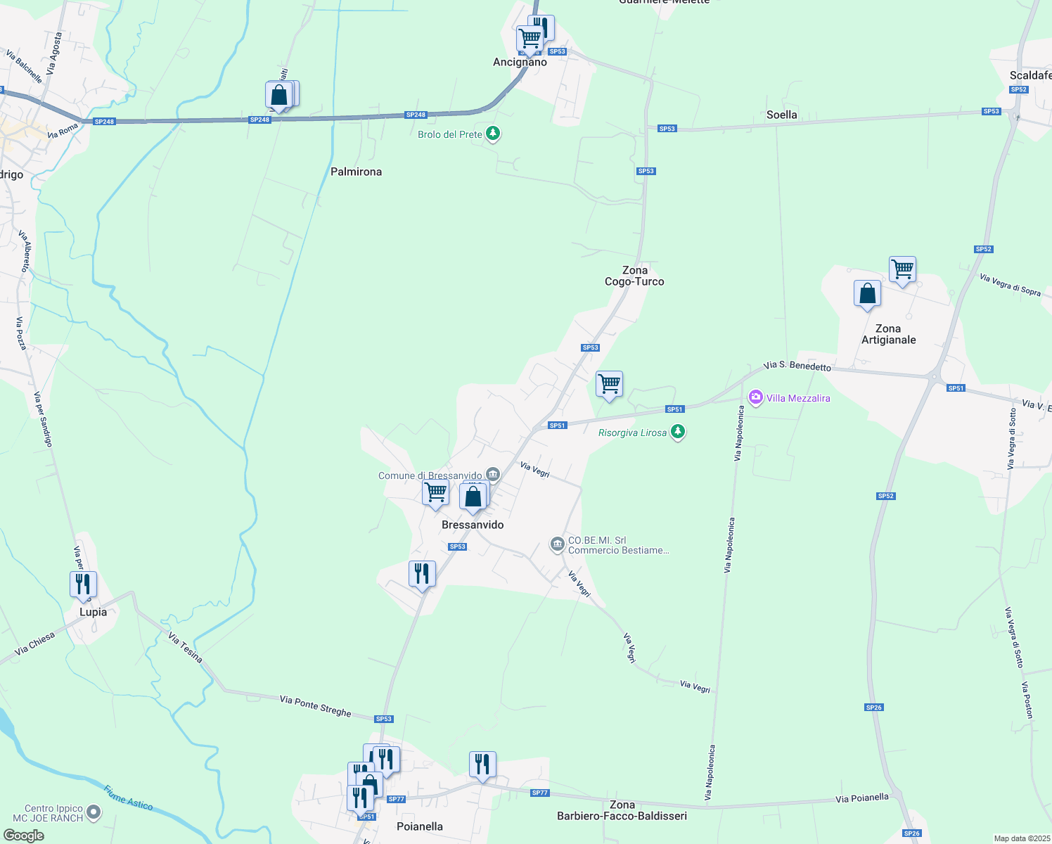 map of restaurants, bars, coffee shops, grocery stores, and more near 3 Via Aldo Moro in Bressanvido