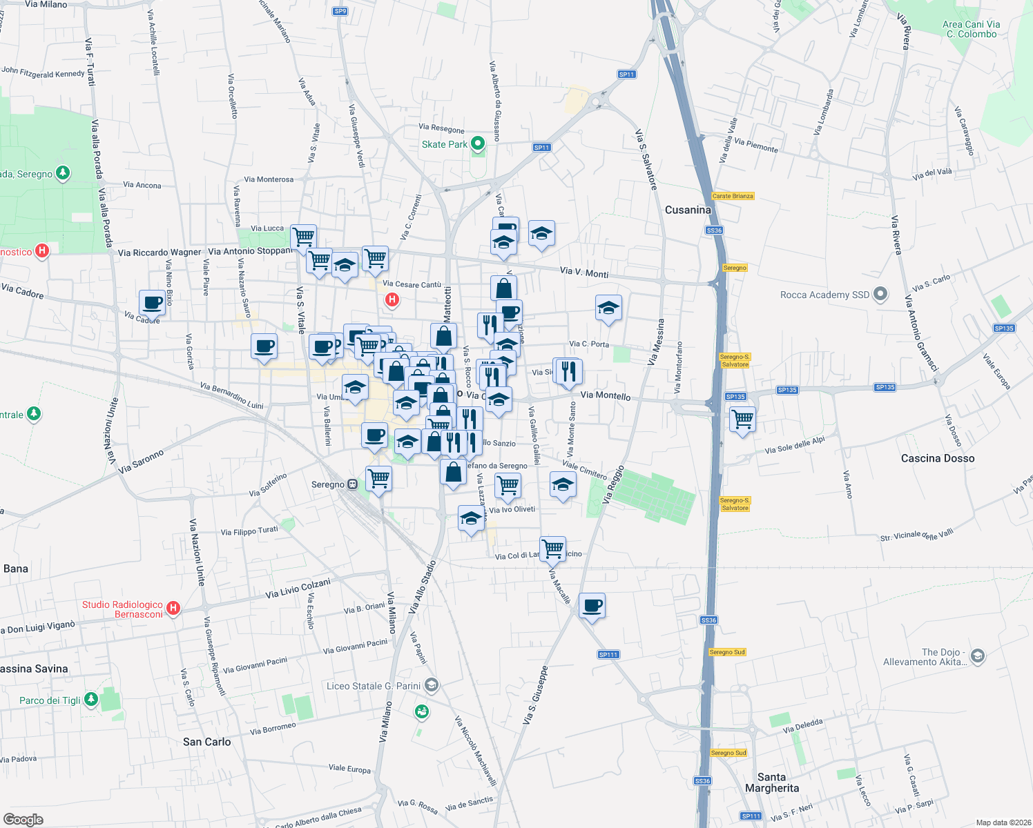 map of restaurants, bars, coffee shops, grocery stores, and more near 5 Piazzale Luigi Cadorna in Seregno