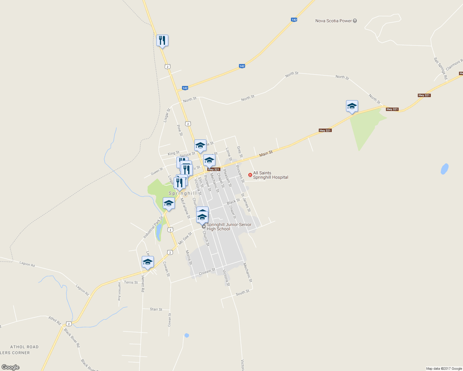 map of restaurants, bars, coffee shops, grocery stores, and more near 22 Pleasant Street in Springhill