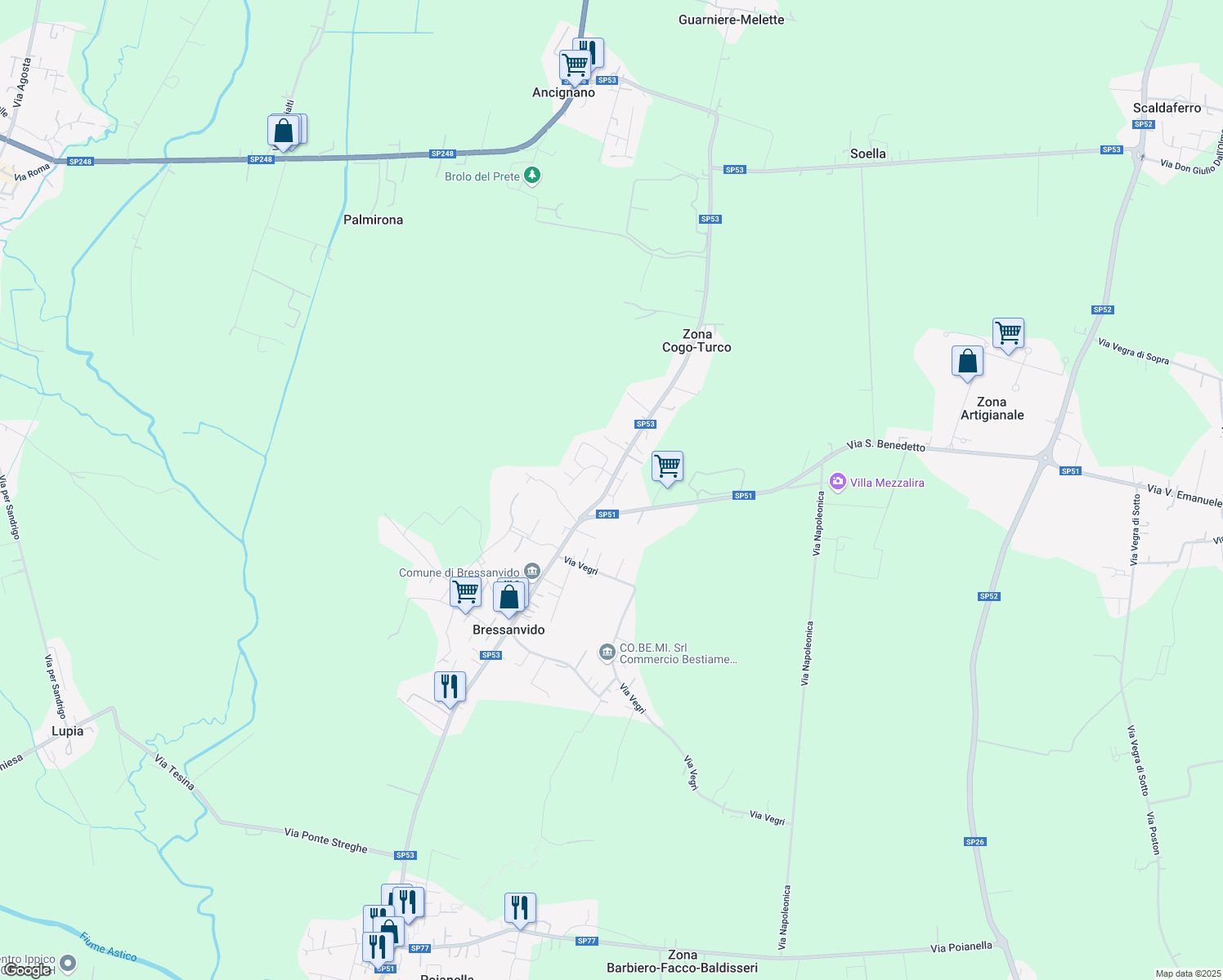 map of restaurants, bars, coffee shops, grocery stores, and more near 422 Via Rovegliara in Bressanvido