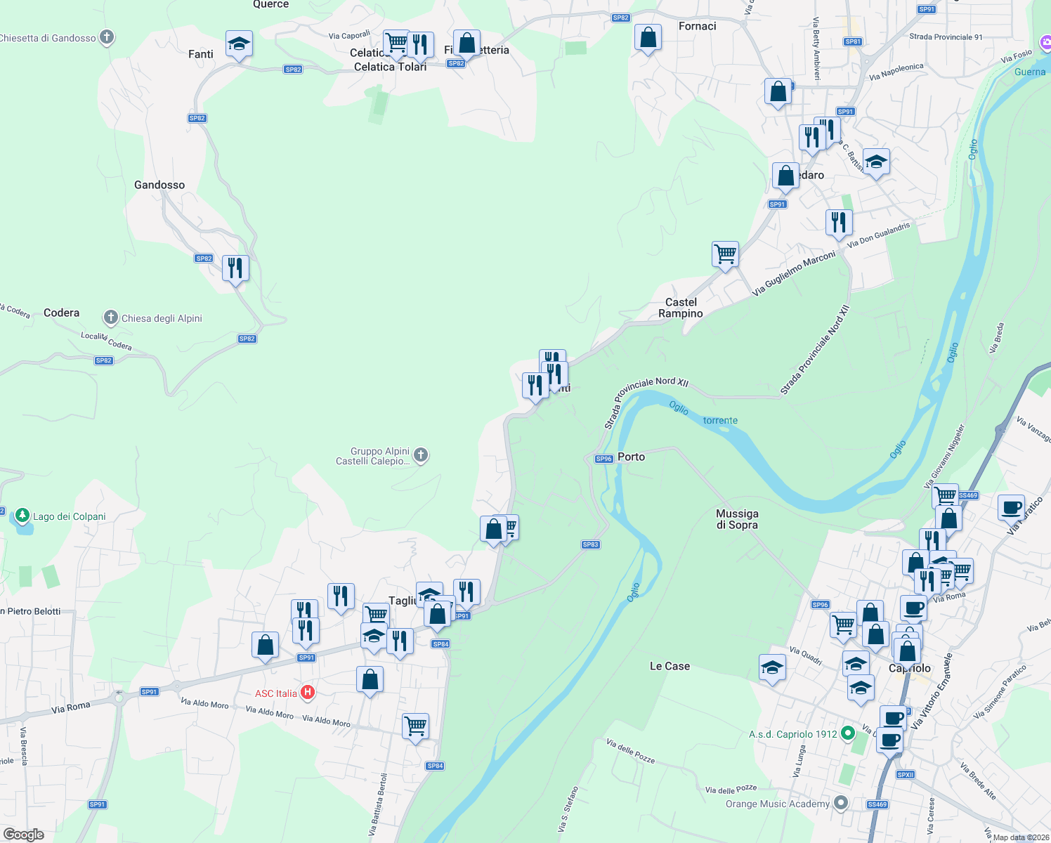 map of restaurants, bars, coffee shops, grocery stores, and more near 6 Via Frate Ambrogio in Tagliuno
