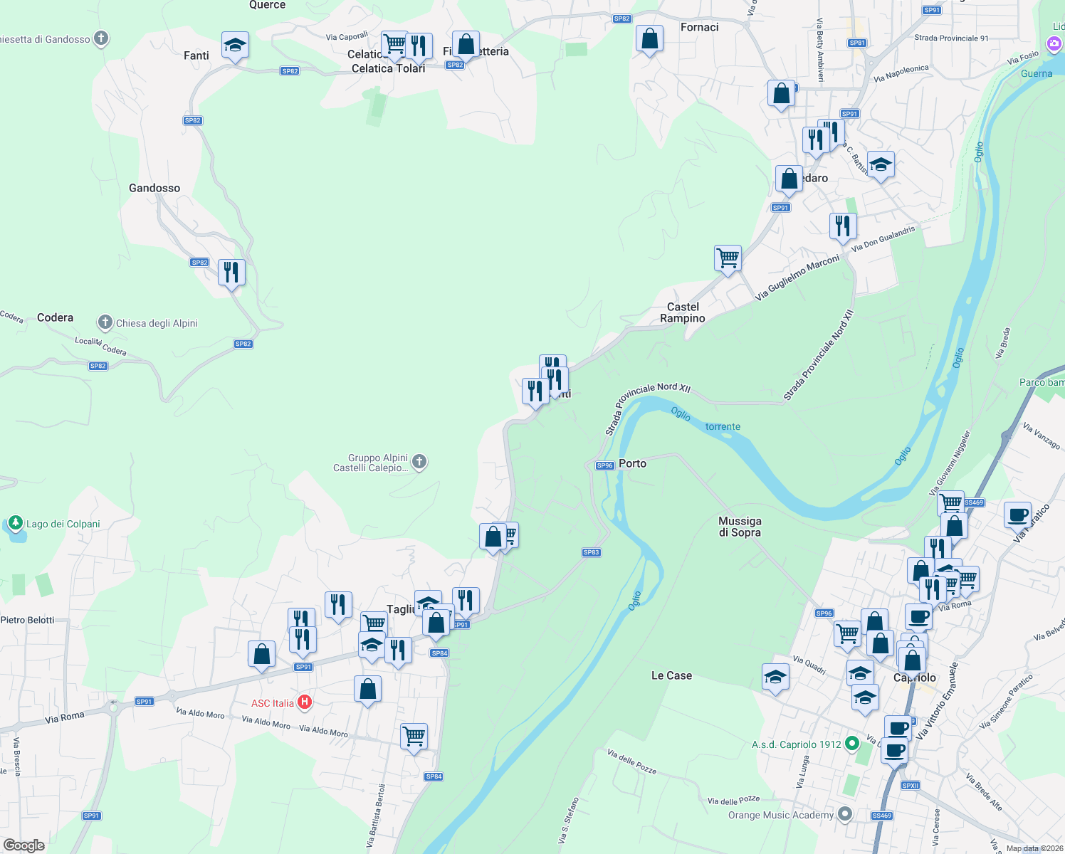 map of restaurants, bars, coffee shops, grocery stores, and more near 6 Via Frate Ambrogio in Tagliuno