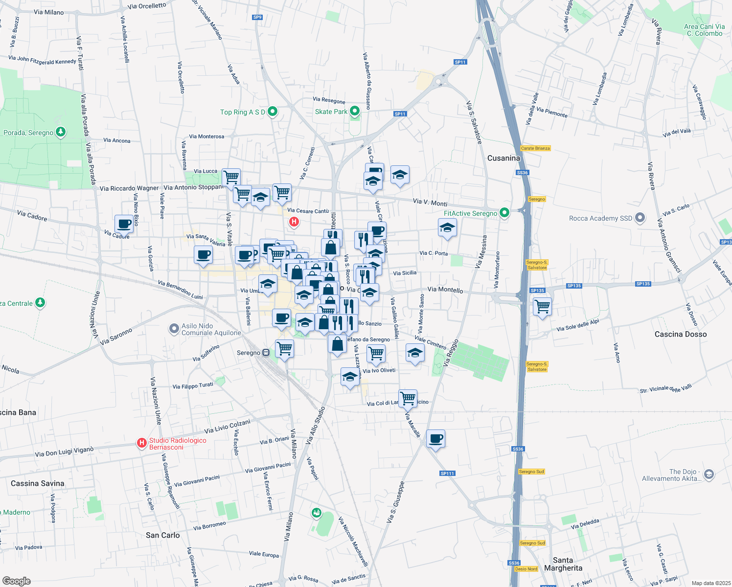 map of restaurants, bars, coffee shops, grocery stores, and more near 114 Via Camillo Benso Conte di Cavour in Seregno