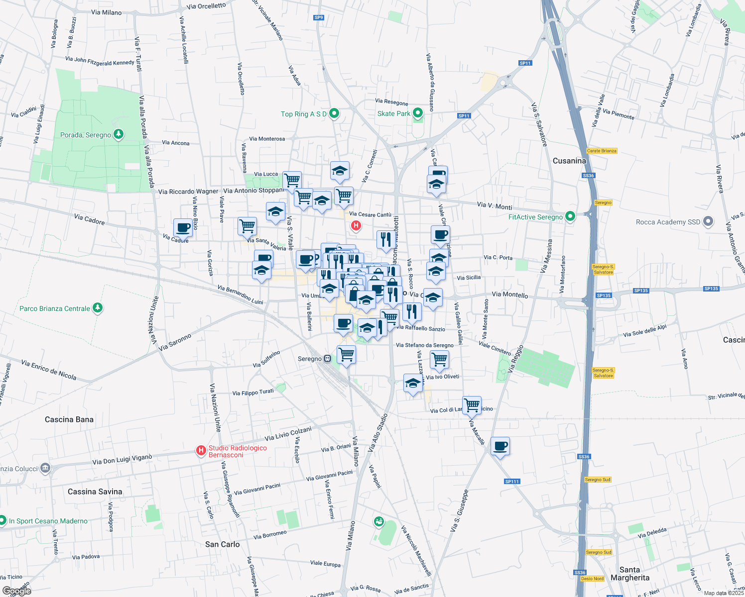map of restaurants, bars, coffee shops, grocery stores, and more near 7 Via San Giovanni Bosco in Seregno