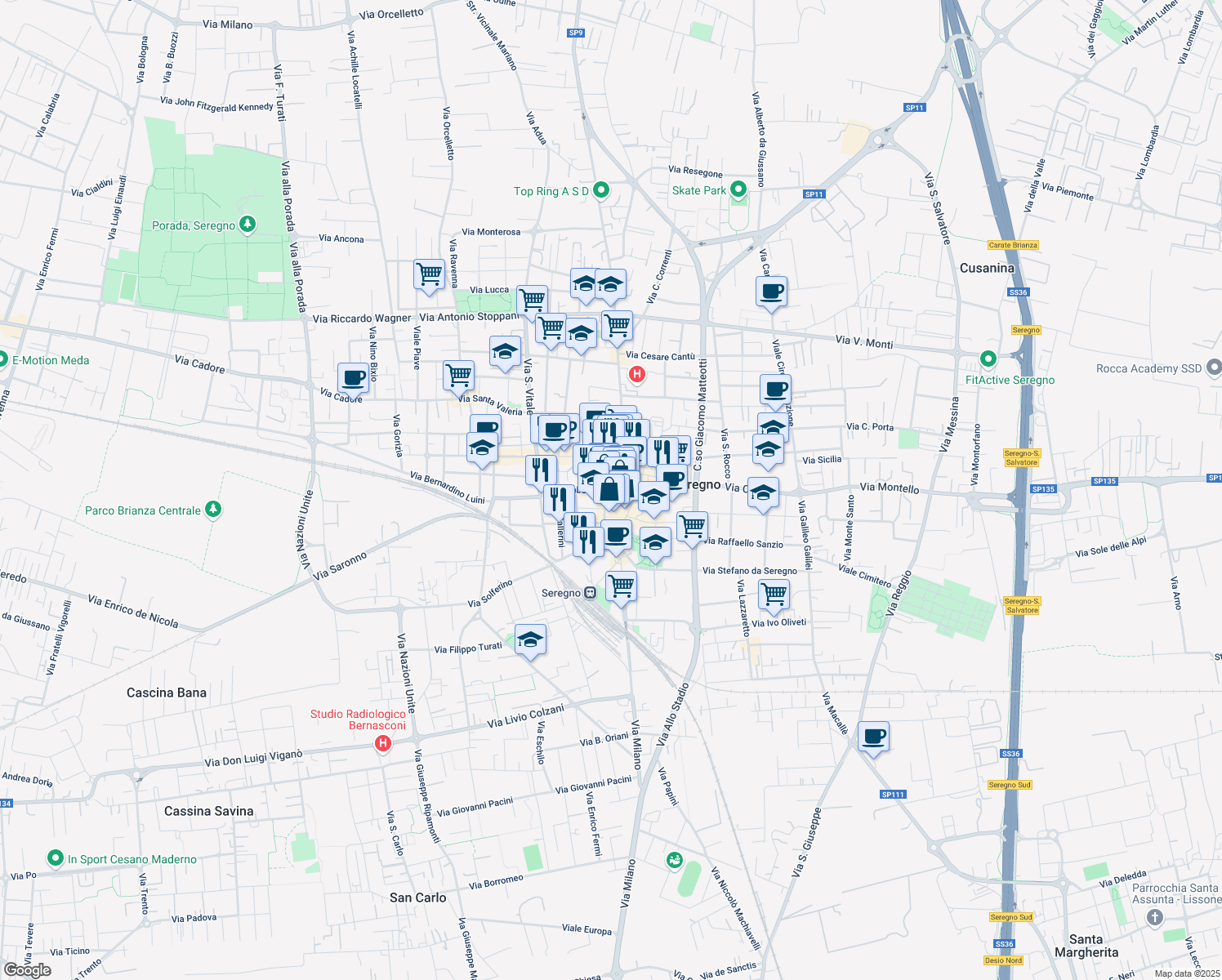 map of restaurants, bars, coffee shops, grocery stores, and more near Piazza Monsignor Biella in Seregno