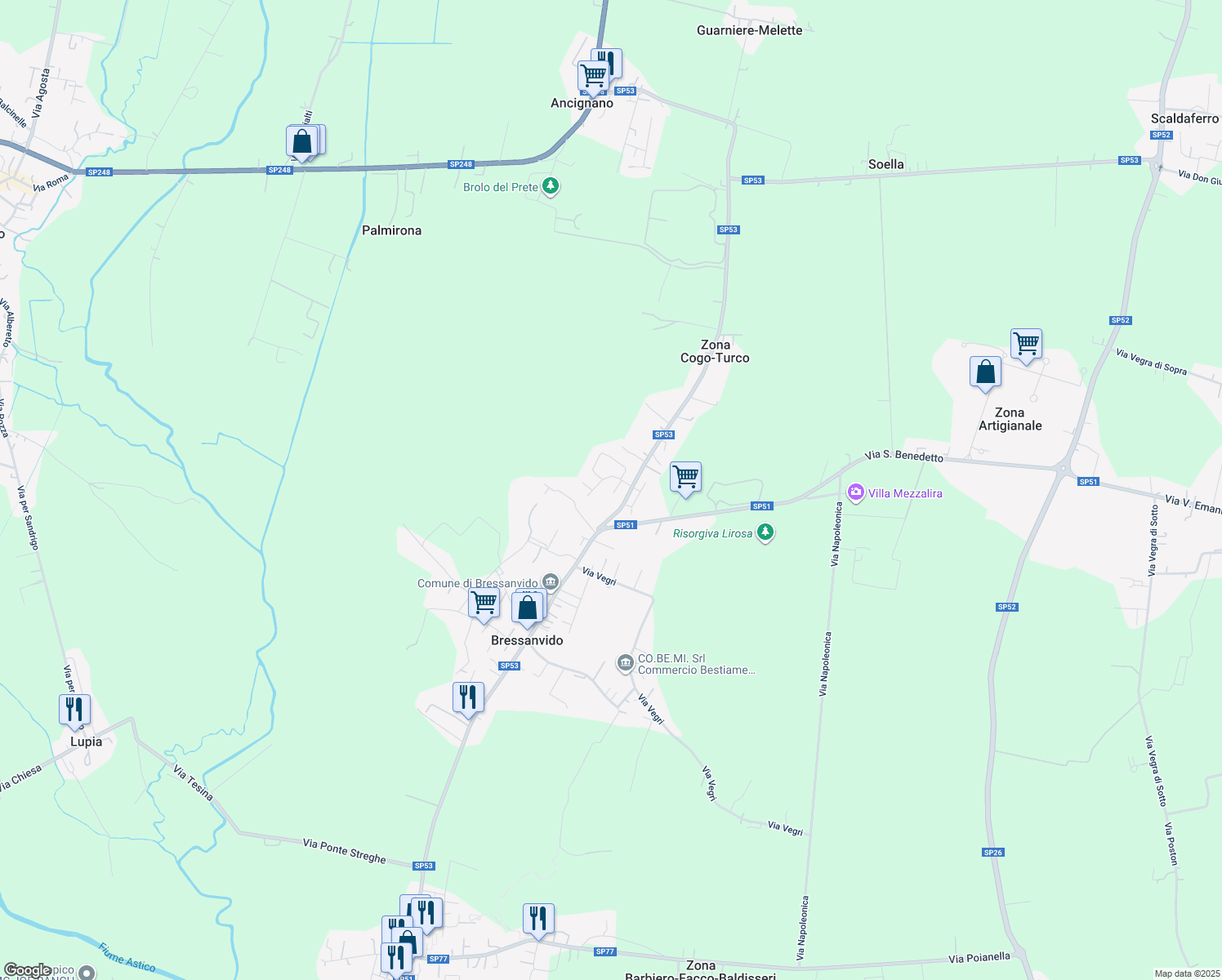 map of restaurants, bars, coffee shops, grocery stores, and more near 3 Via Aldo Moro in Bressanvido