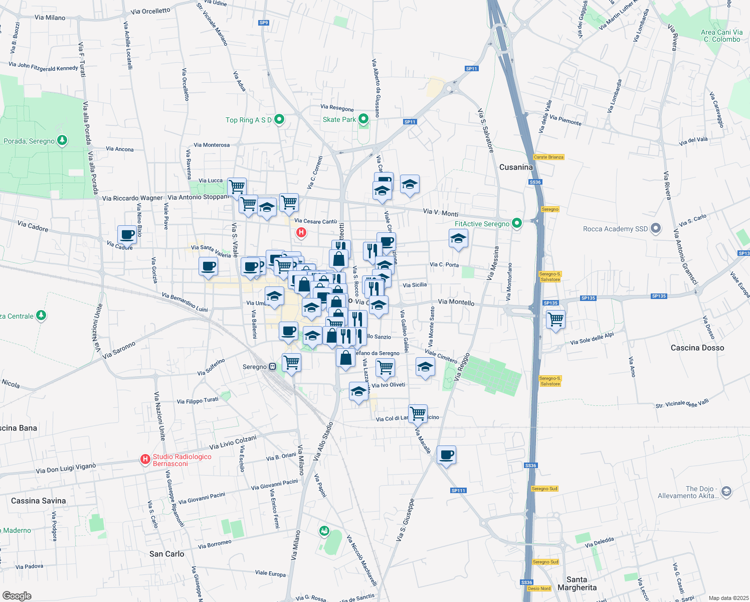 map of restaurants, bars, coffee shops, grocery stores, and more near 114 Via Camillo Benso Conte di Cavour in Seregno