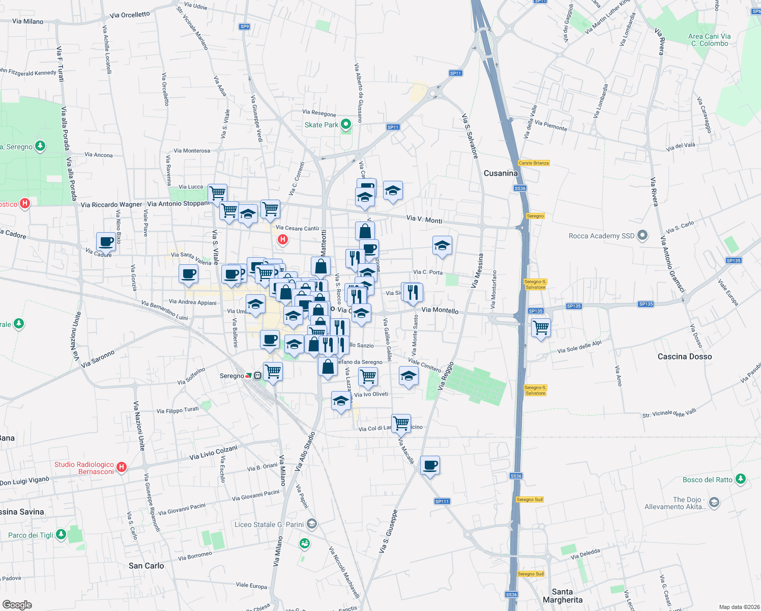 map of restaurants, bars, coffee shops, grocery stores, and more near 5 Piazzale Luigi Cadorna in Seregno