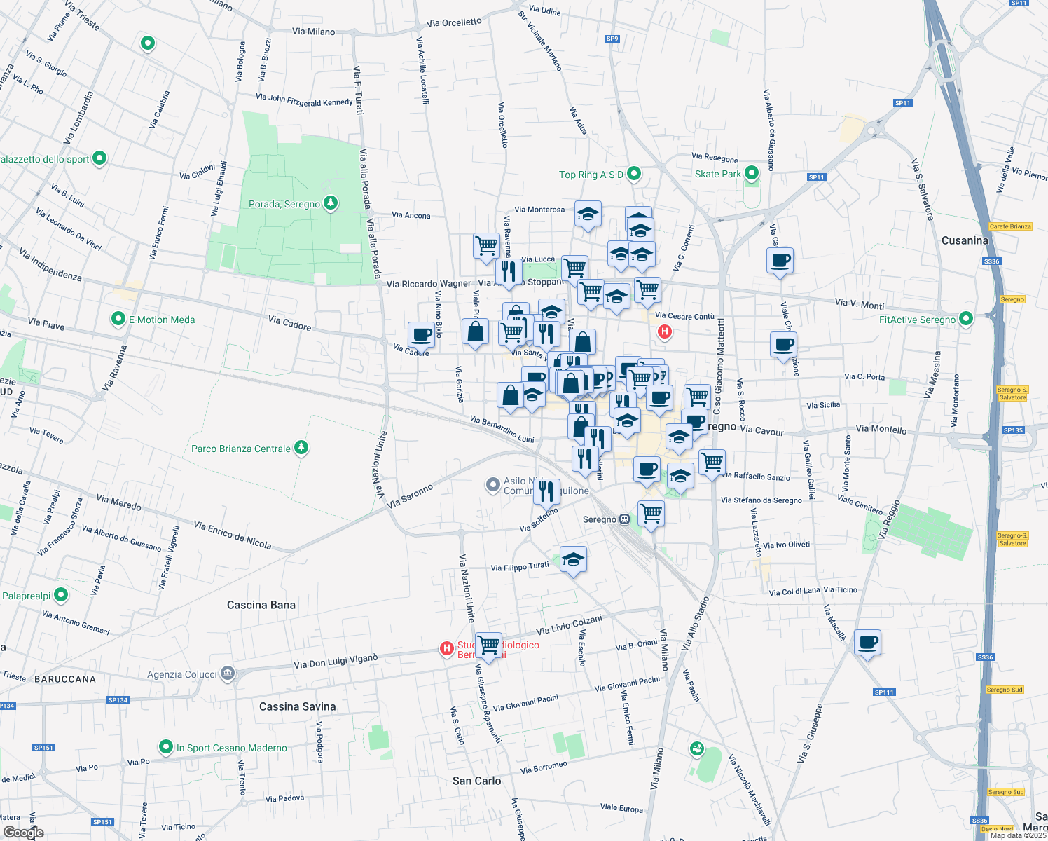 map of restaurants, bars, coffee shops, grocery stores, and more near 83 Via Fratelli Cairoli in Seregno