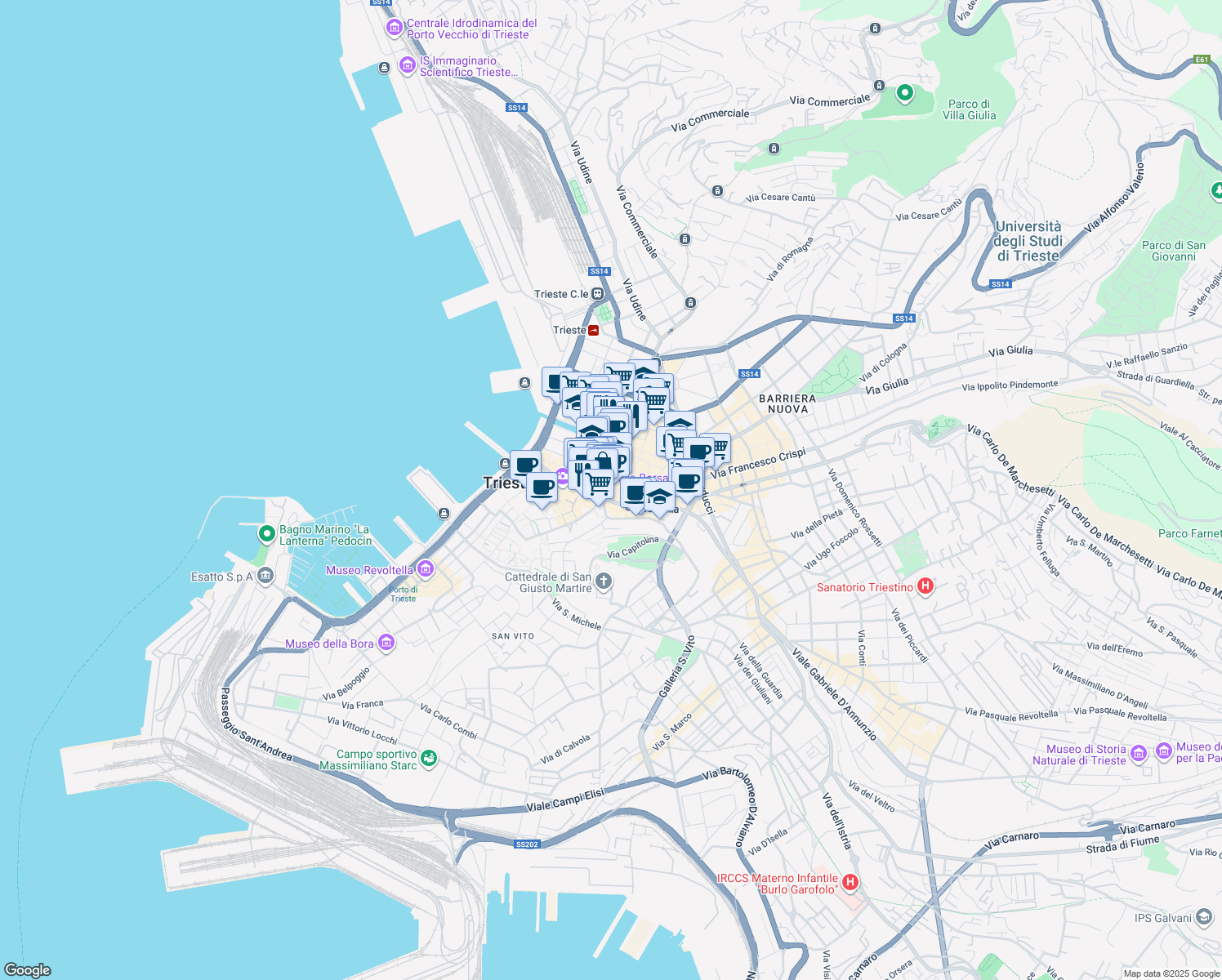 map of restaurants, bars, coffee shops, grocery stores, and more near 25 Via San Nicolò in Trieste