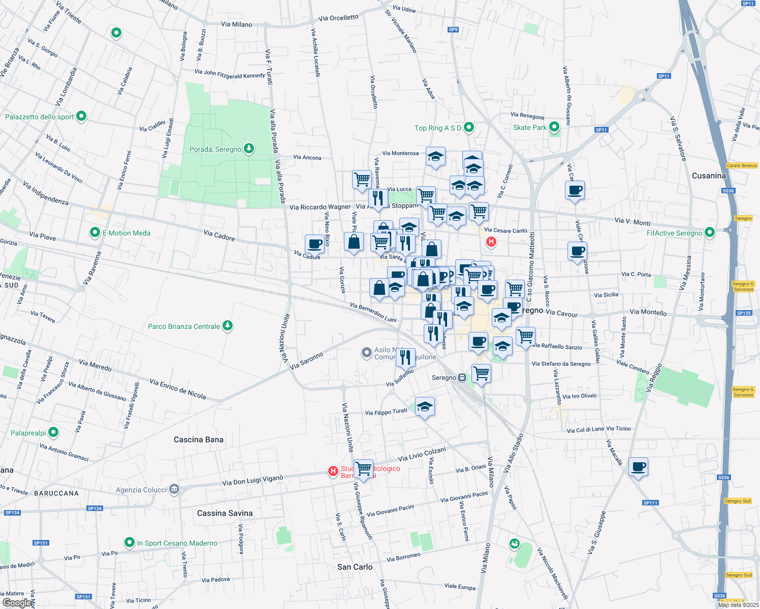 map of restaurants, bars, coffee shops, grocery stores, and more near 83 Via Fratelli Cairoli in Seregno