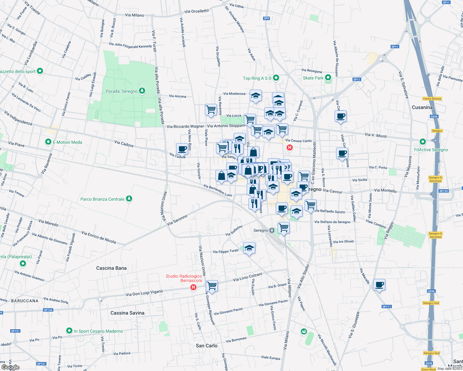 map of restaurants, bars, coffee shops, grocery stores, and more near 11 Via Fratelli Sabatelli in Seregno