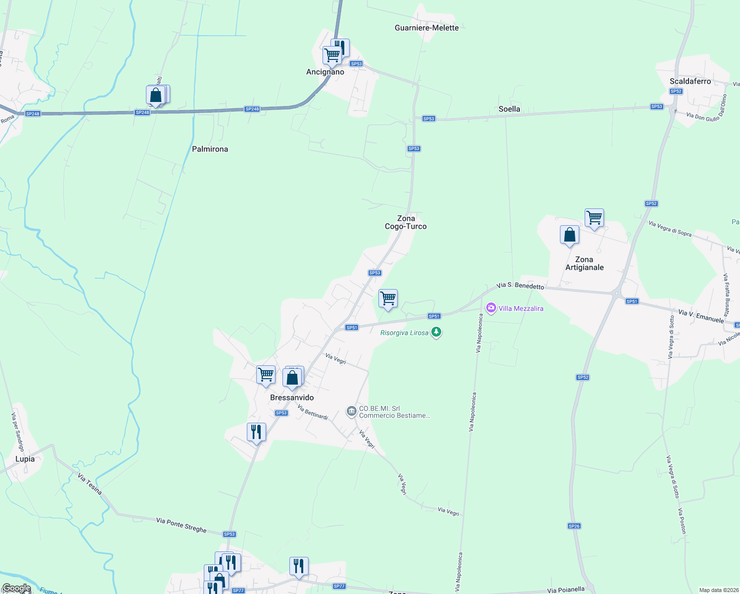 map of restaurants, bars, coffee shops, grocery stores, and more near 74 Strada Provinciale 53 in Bressanvido