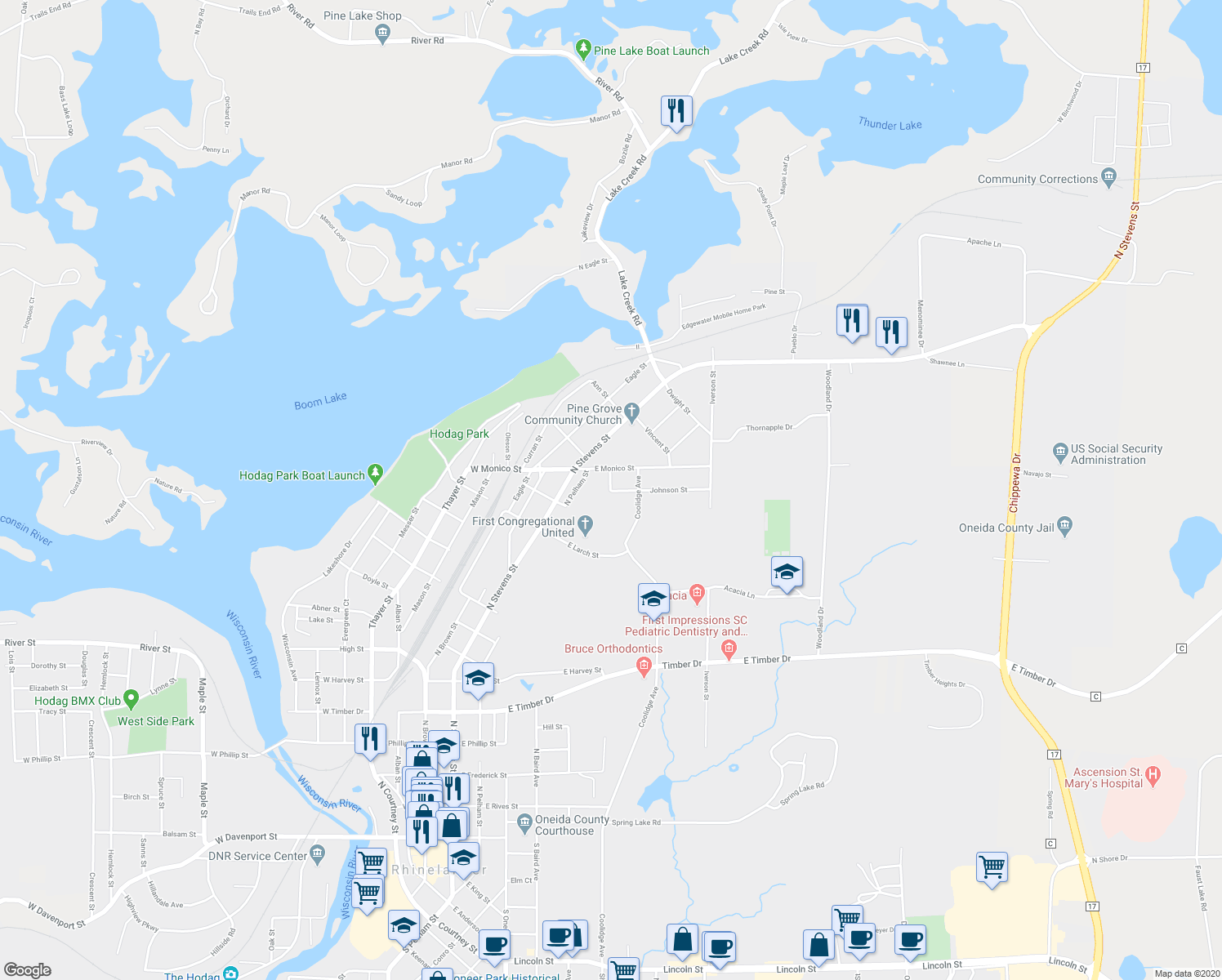 map of restaurants, bars, coffee shops, grocery stores, and more near 101 Johnson Street in Rhinelander