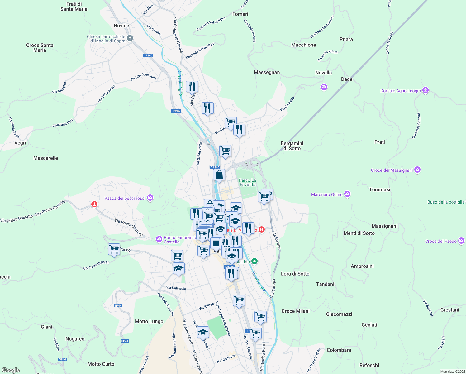 map of restaurants, bars, coffee shops, grocery stores, and more near 11 Via Marzotto Vittorio Emanuele in Valdagno