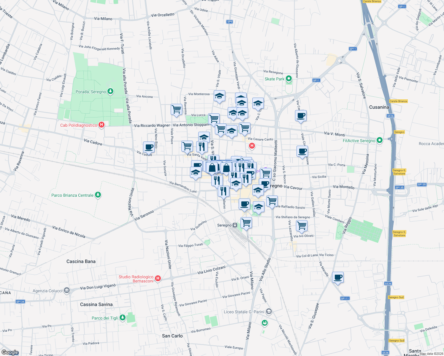 map of restaurants, bars, coffee shops, grocery stores, and more near 109 Via Giuseppe Garibaldi in Seregno