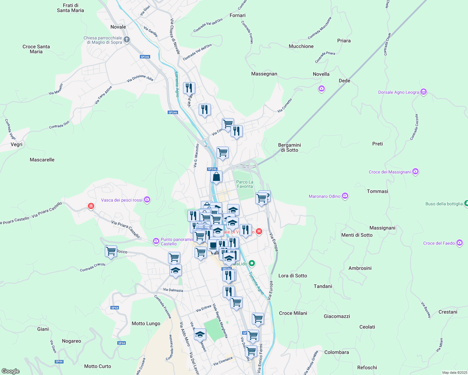 map of restaurants, bars, coffee shops, grocery stores, and more near 11 Via Marzotto Vittorio Emanuele in Valdagno