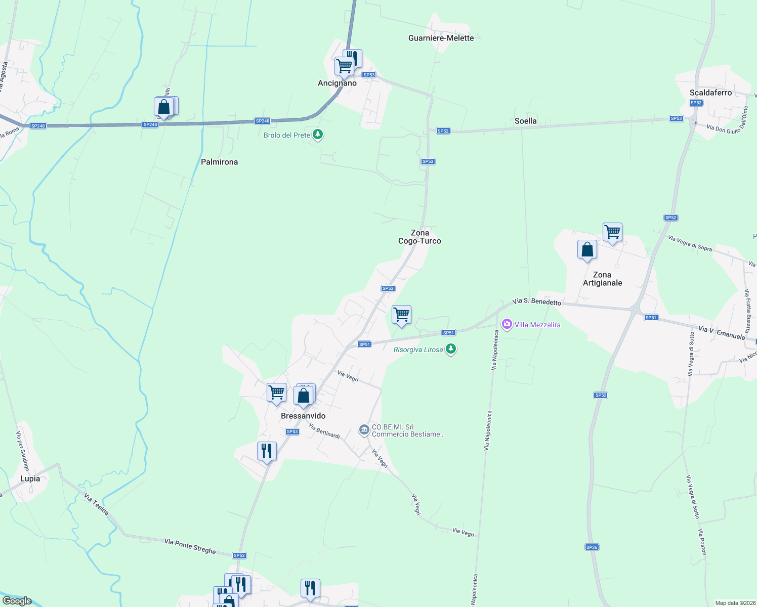 map of restaurants, bars, coffee shops, grocery stores, and more near 74 SP53 in Bressanvido