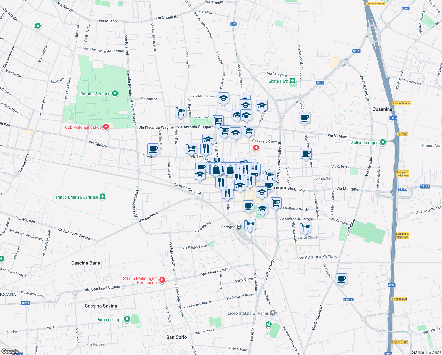 map of restaurants, bars, coffee shops, grocery stores, and more near 109 Via Giuseppe Garibaldi in Seregno