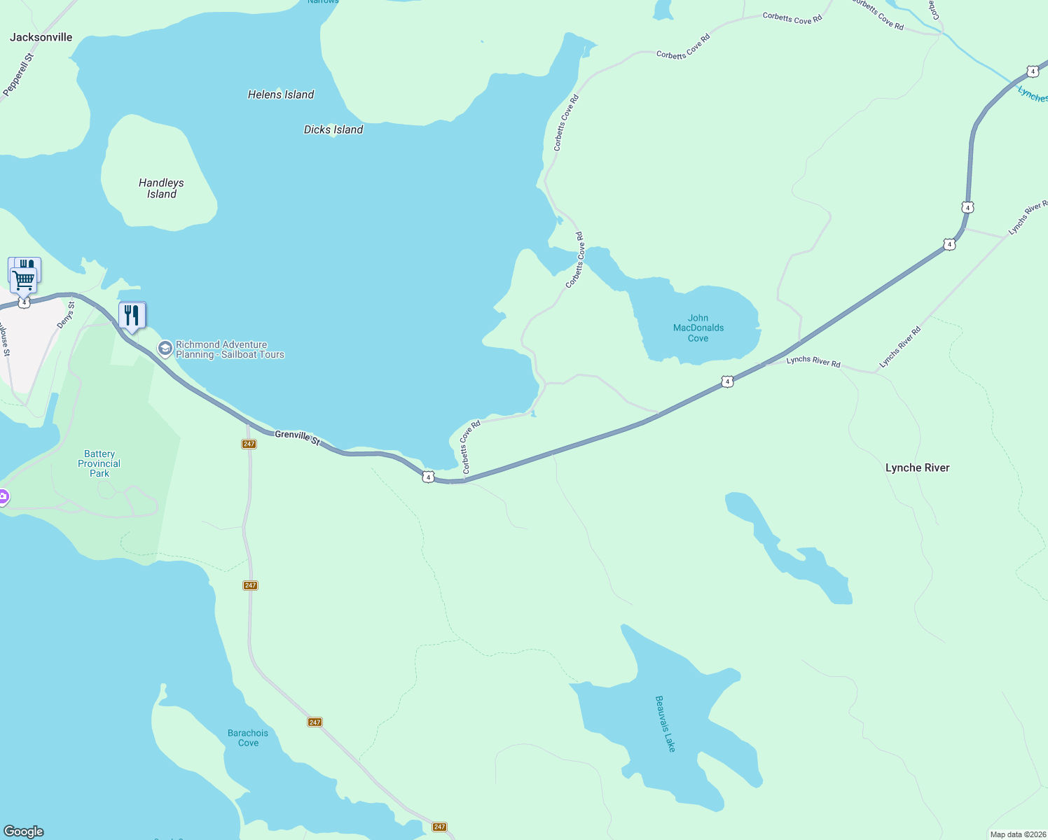 map of restaurants, bars, coffee shops, grocery stores, and more near 112 Corbetts Cove Road in Saint Peter's