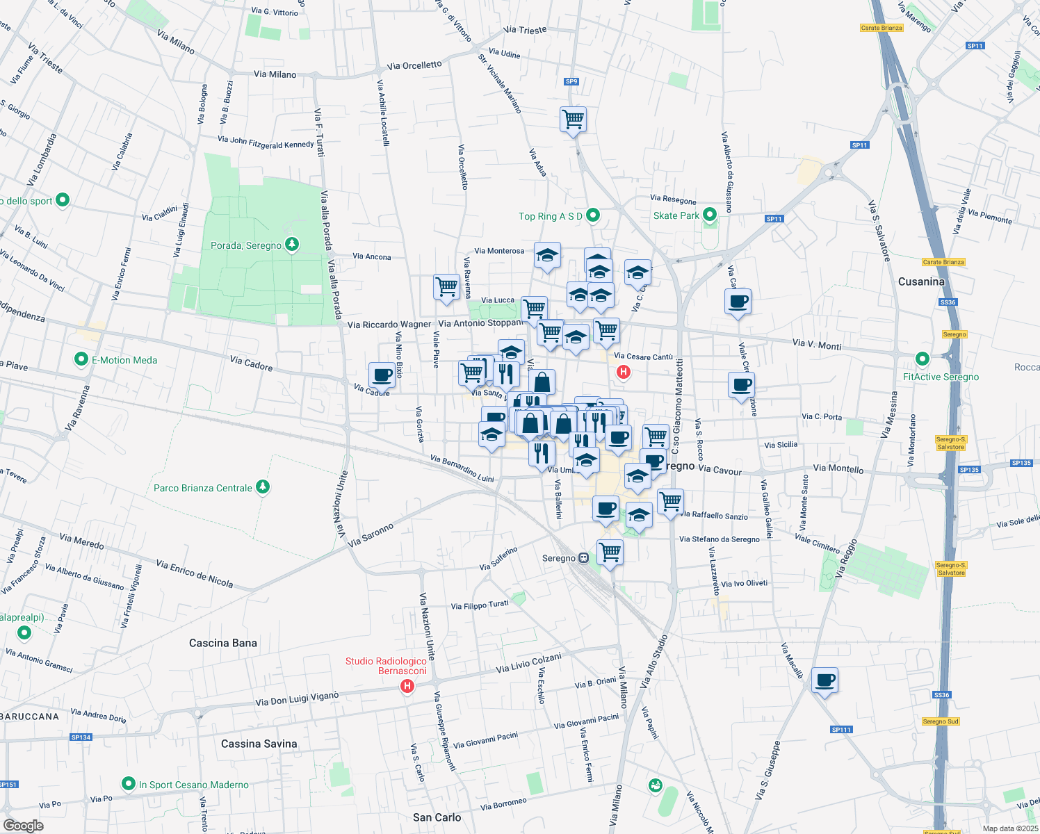 map of restaurants, bars, coffee shops, grocery stores, and more near 5E Piazza Monsignor Gandini in Seregno