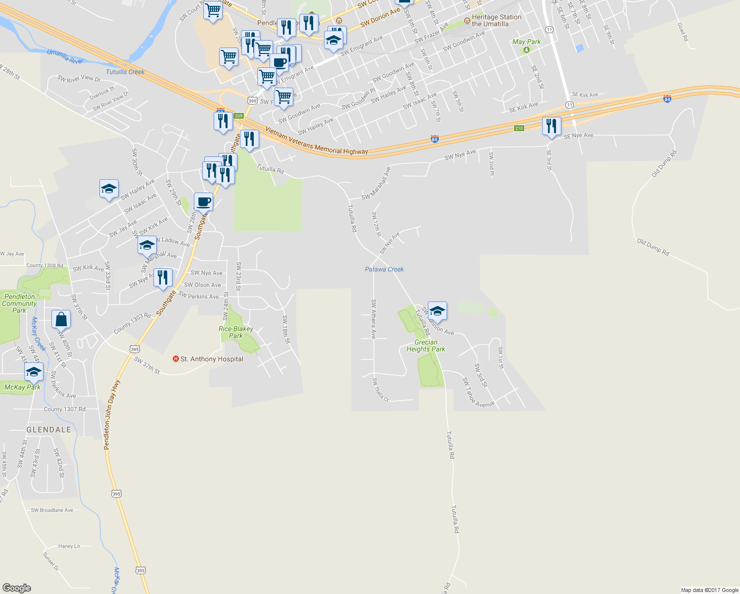 map of restaurants, bars, coffee shops, grocery stores, and more near 1503 Southwest Athens Way in Pendleton