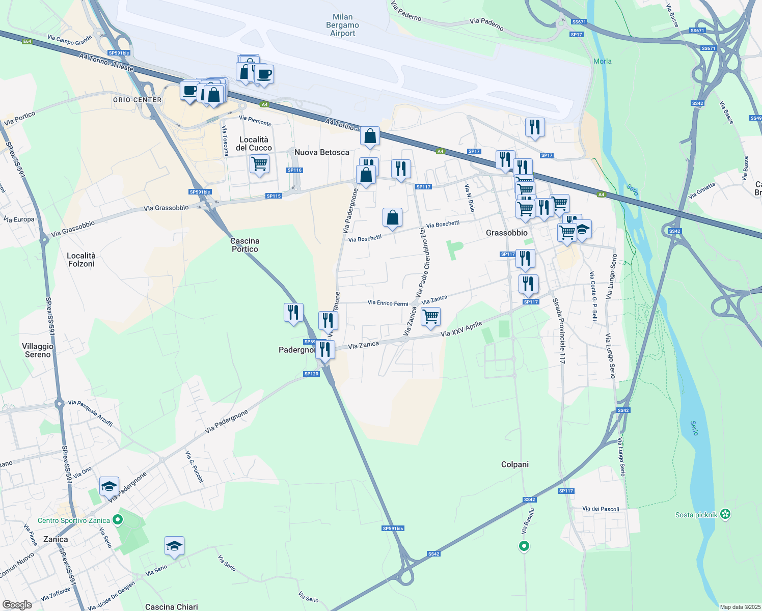 map of restaurants, bars, coffee shops, grocery stores, and more near 22 Via Enrico Fermi in Grassobbio