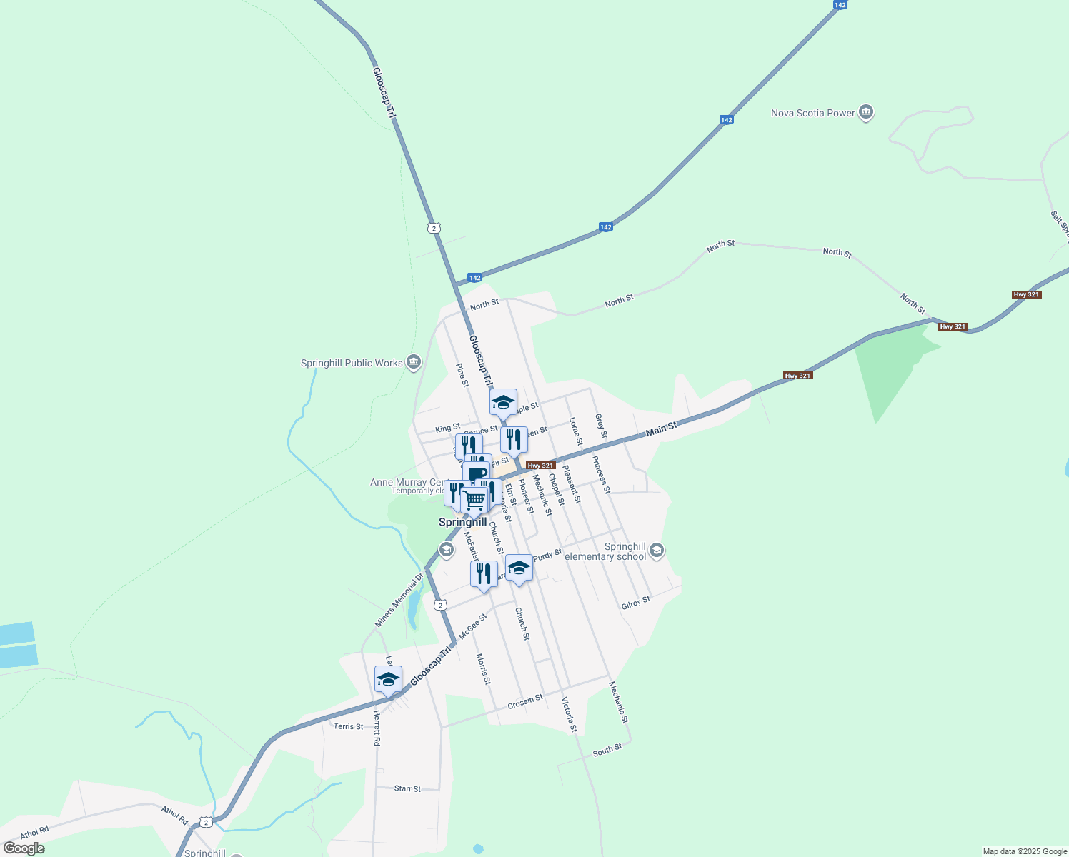 map of restaurants, bars, coffee shops, grocery stores, and more near 90 Queen Street in Springhill