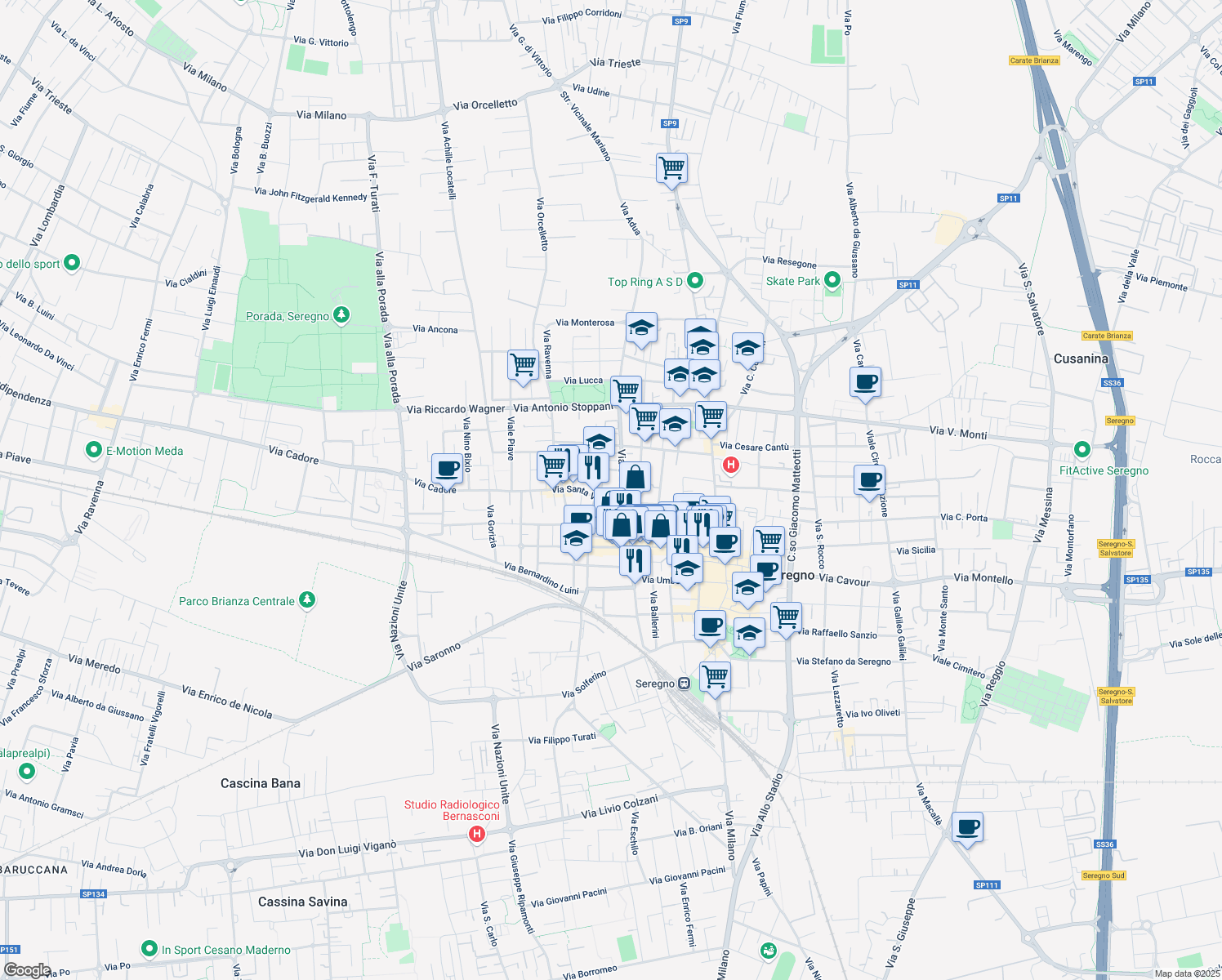 map of restaurants, bars, coffee shops, grocery stores, and more near 5E Piazza Monsignor Luigi Gandini in Seregno