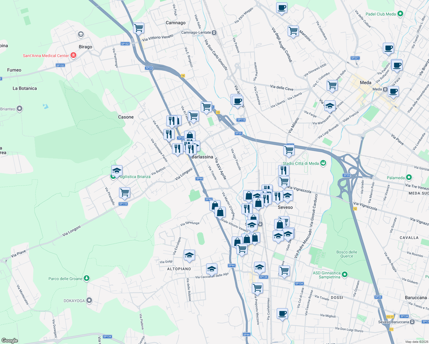 map of restaurants, bars, coffee shops, grocery stores, and more near 9 Viale Trieste in Barlassina