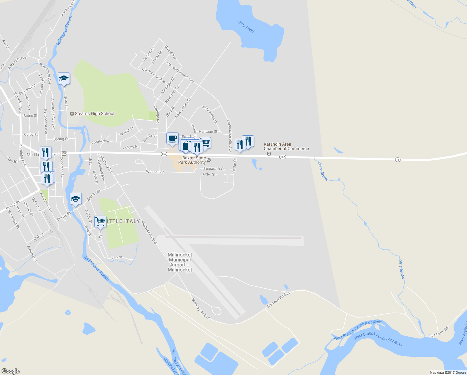 map of restaurants, bars, coffee shops, grocery stores, and more near 50 Cedar Street in Millinocket