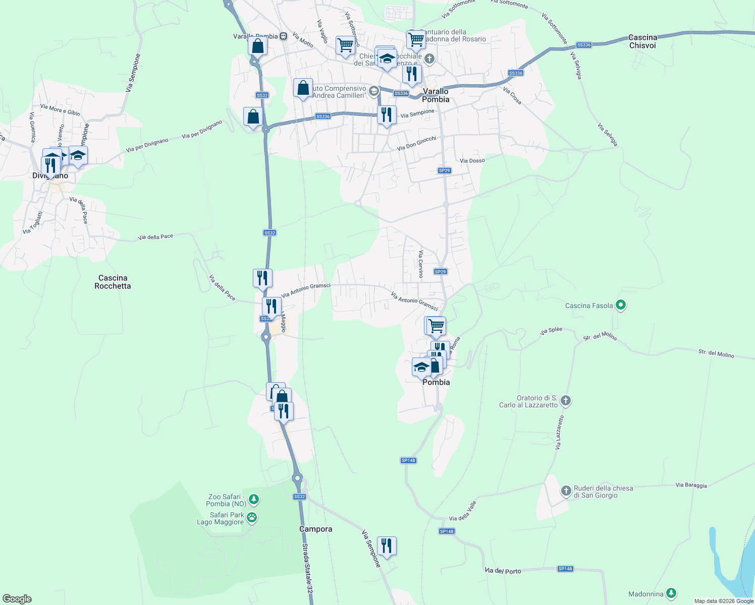 map of restaurants, bars, coffee shops, grocery stores, and more near 13 Via Don Minzoni in Pombia