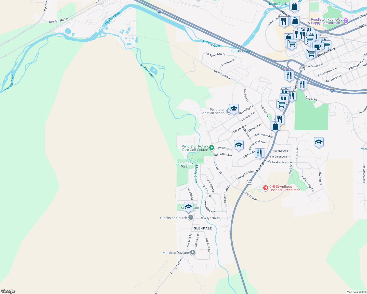 map of restaurants, bars, coffee shops, grocery stores, and more near 4307 Southwest Kirk Avenue in Pendleton