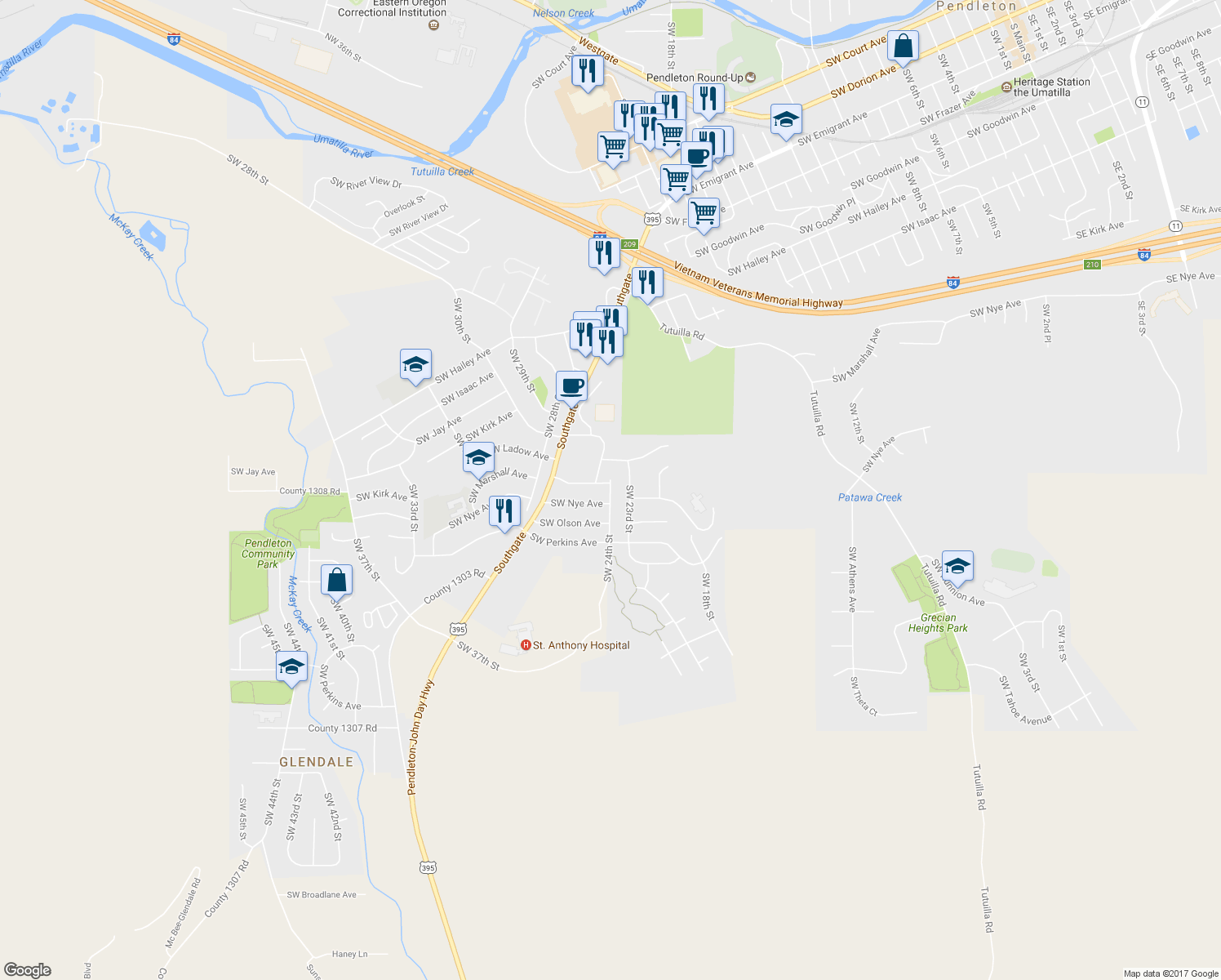 map of restaurants, bars, coffee shops, grocery stores, and more near 1214 Southwest 24th Street in Pendleton