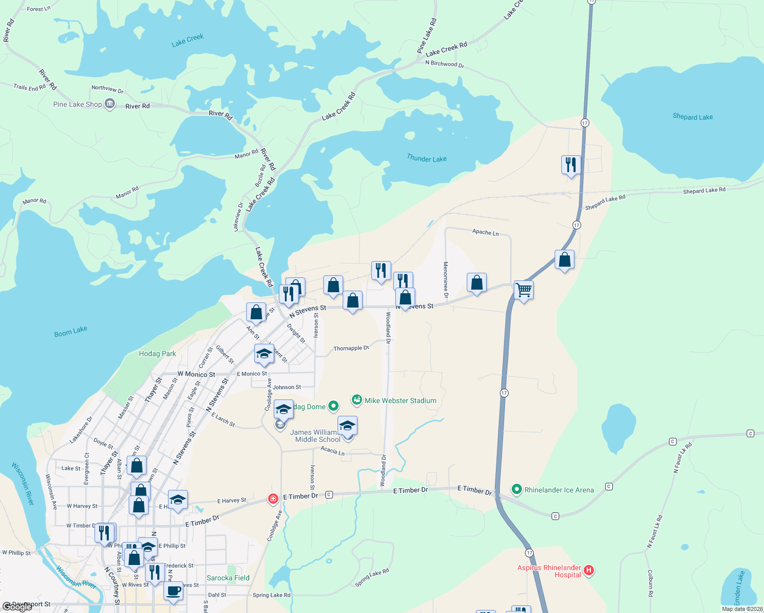 map of restaurants, bars, coffee shops, grocery stores, and more near 1823 North Stevens Street in Rhinelander
