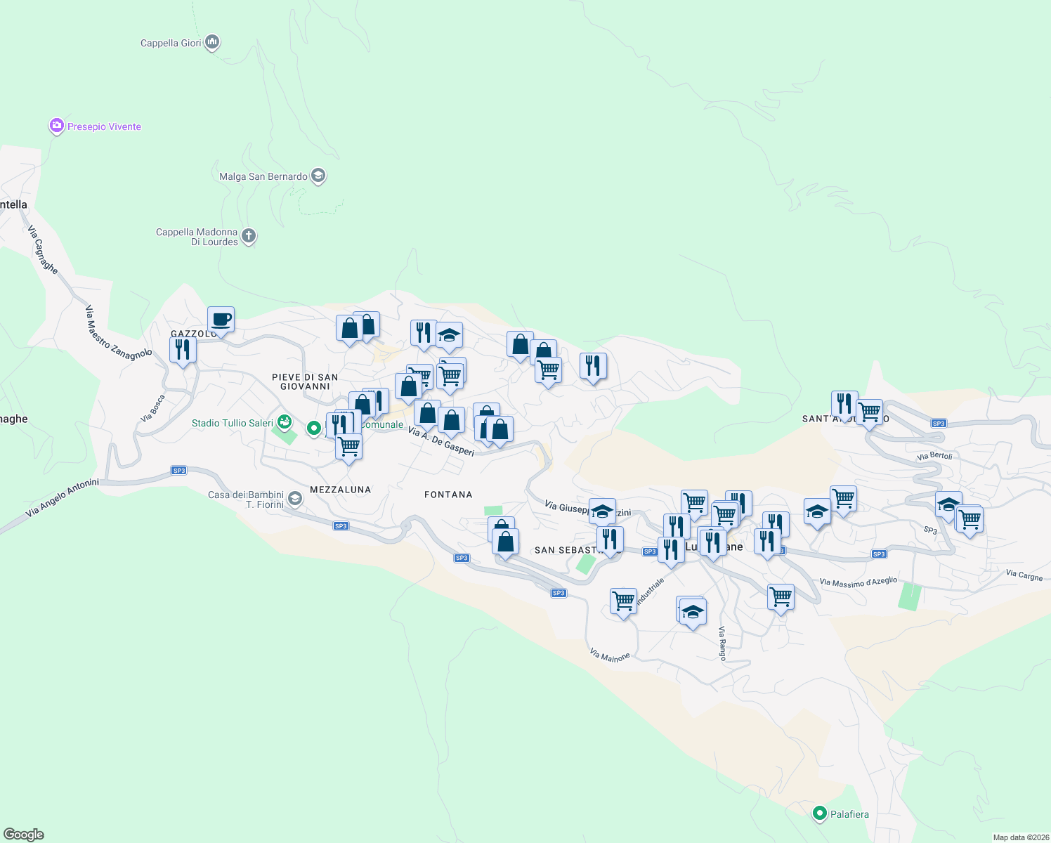 map of restaurants, bars, coffee shops, grocery stores, and more near 30A Via Giuseppe Verginella in Lumezzane