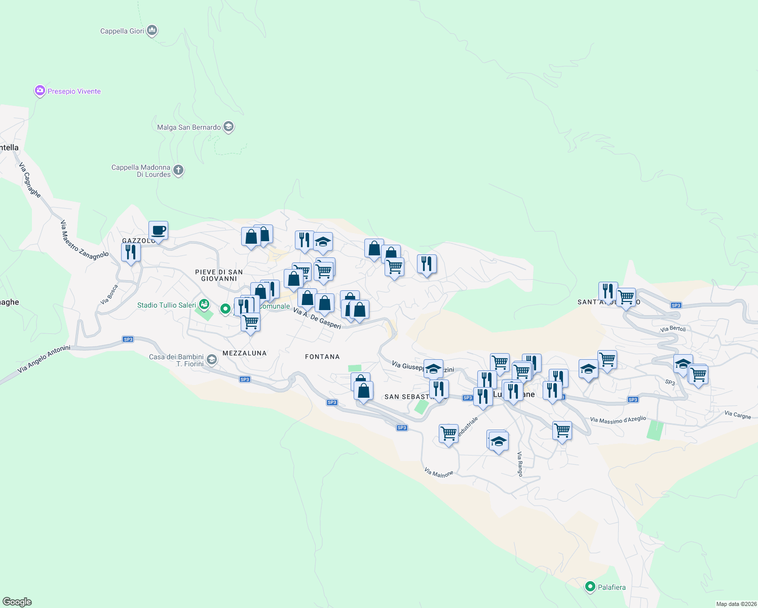 map of restaurants, bars, coffee shops, grocery stores, and more near 30A Via Giuseppe Verginella in Lumezzane