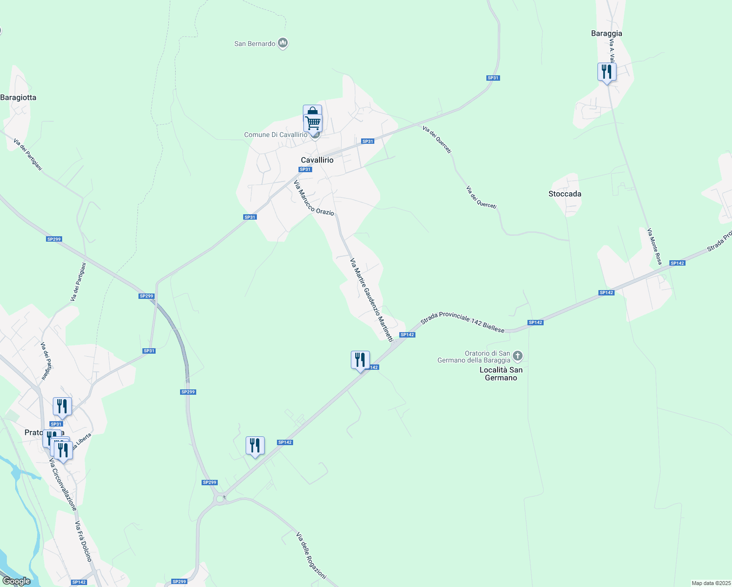 map of restaurants, bars, coffee shops, grocery stores, and more near 132 Via Martire Gaudenzio Martinetti in Cavallirio
