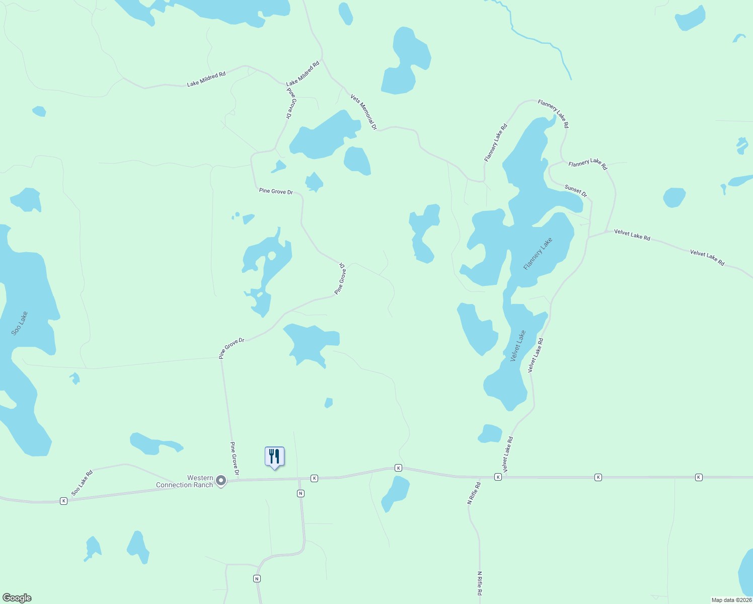 map of restaurants, bars, coffee shops, grocery stores, and more near 6627 Fallen Wood Lane in Rhinelander