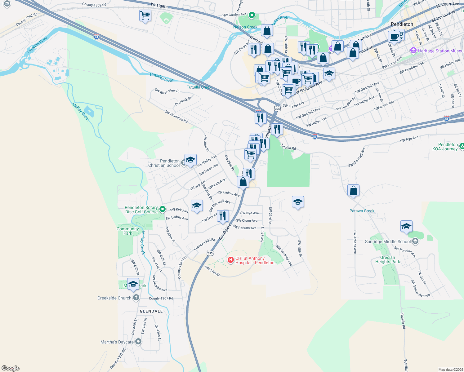 map of restaurants, bars, coffee shops, grocery stores, and more near 1023 Southwest 30th Street in Pendleton