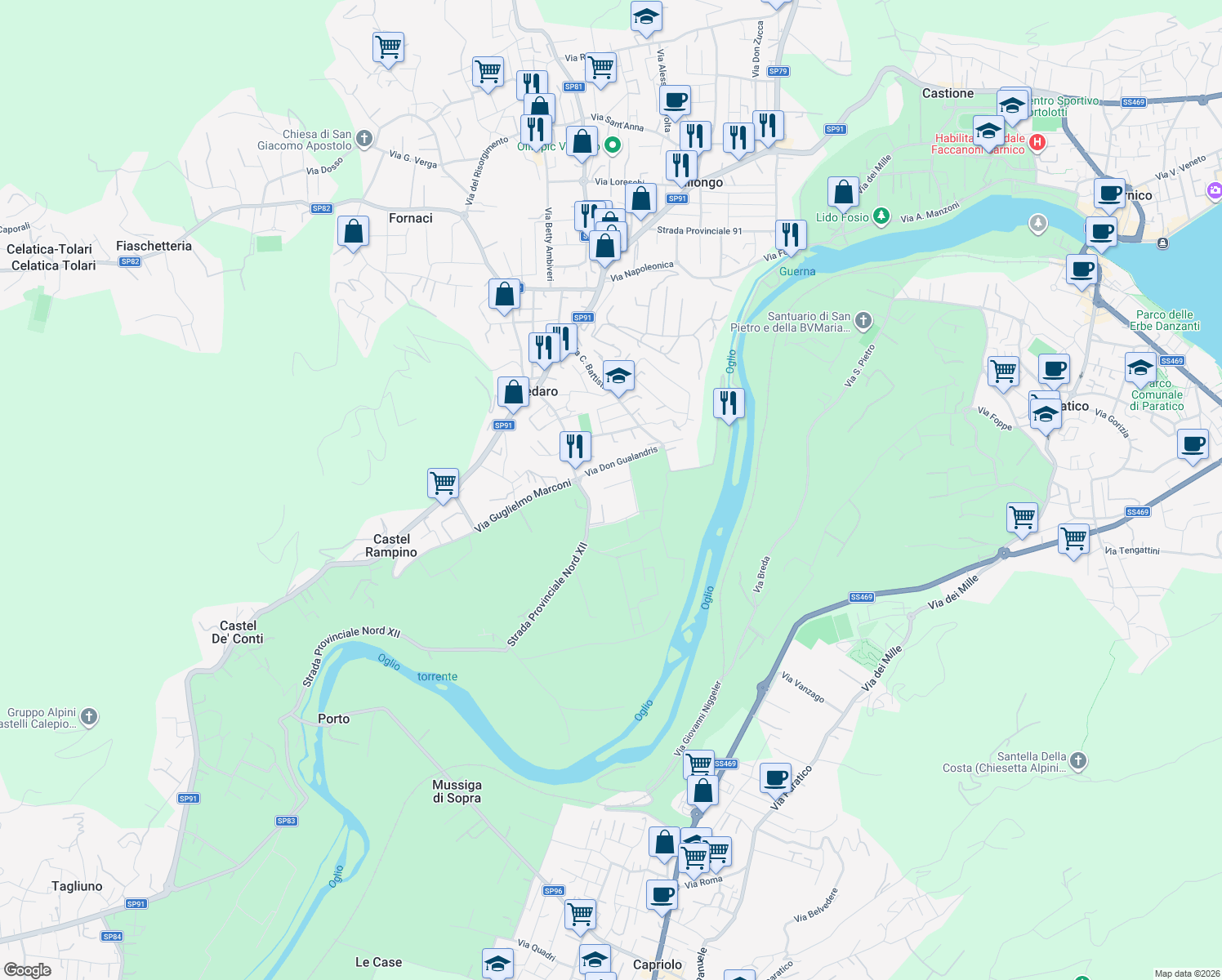 map of restaurants, bars, coffee shops, grocery stores, and more near 16 Via Don Gualandris in Credaro