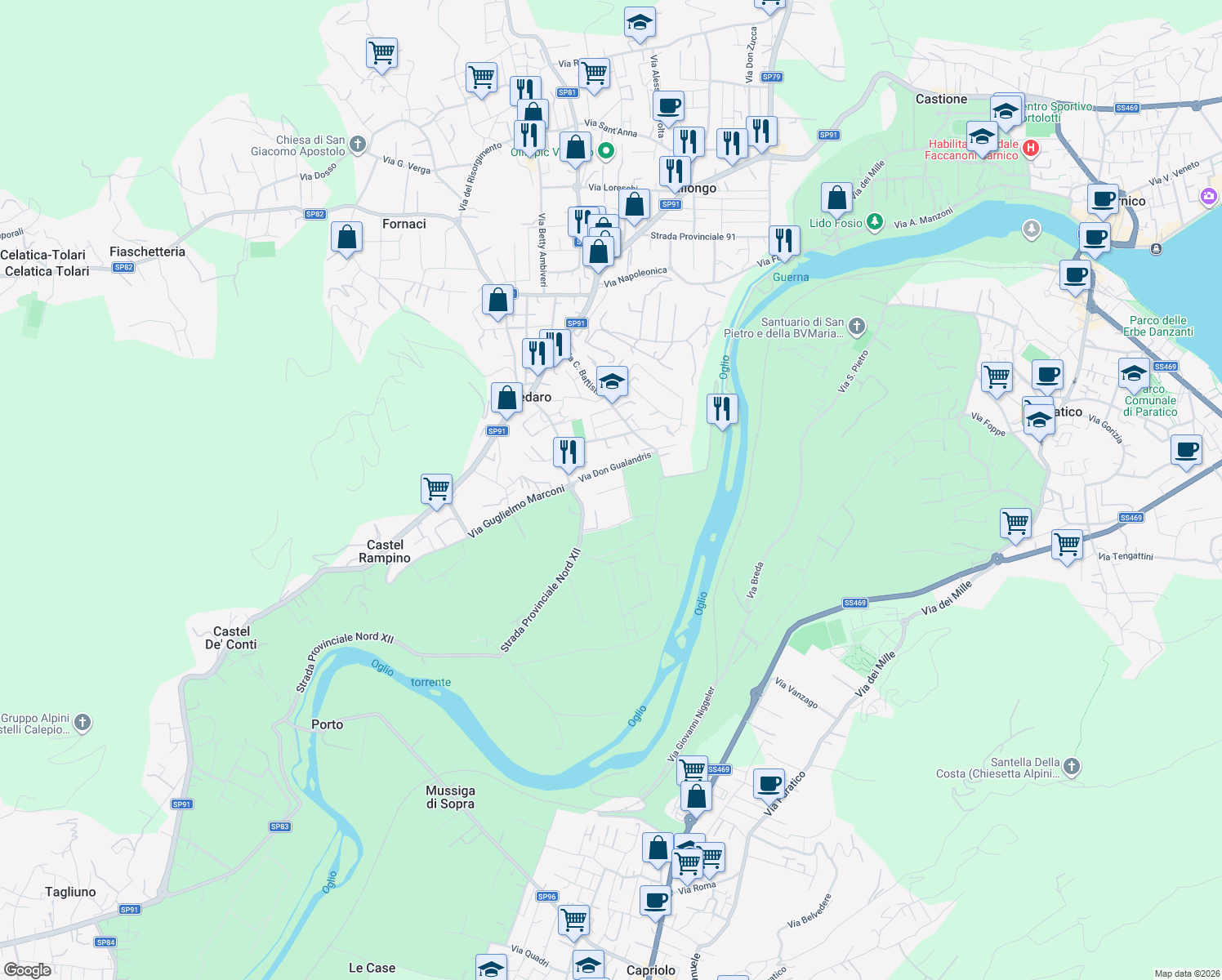 map of restaurants, bars, coffee shops, grocery stores, and more near 16 Via Don Gualandris in Provincia di Bergamo